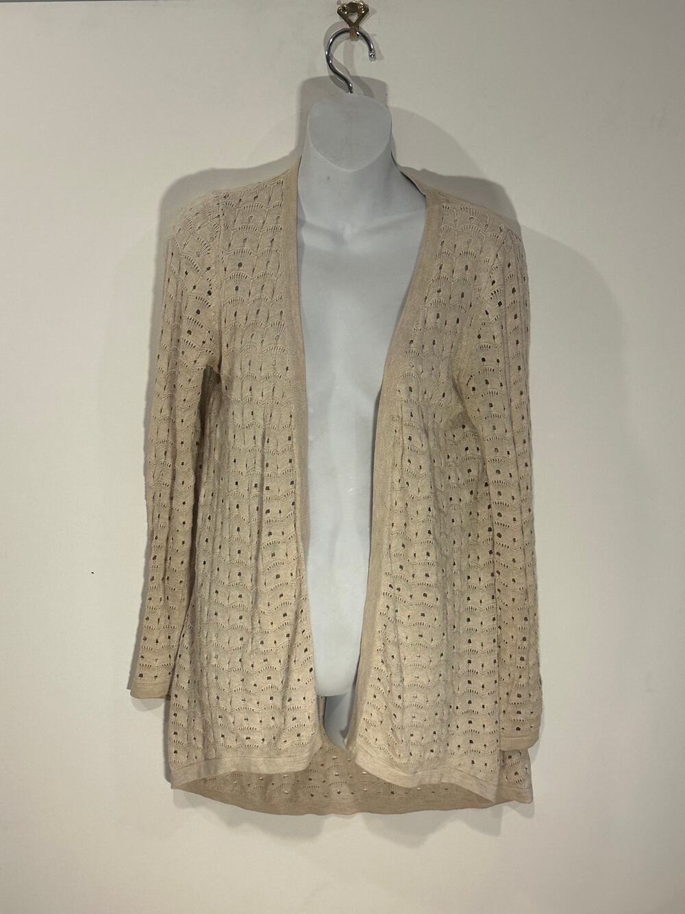 Belldini Cream Pointelle Open Knit Longline Cardigan Duster Sweater Womens Sz M